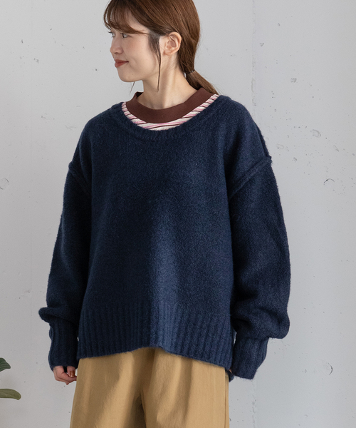 POU DOU DOU（プードゥドゥ）の「Uネックカラーニット（ニット/セーター・レディース・ネイビー/レッド/グリーン/グレー・M）」の4枚目の写真