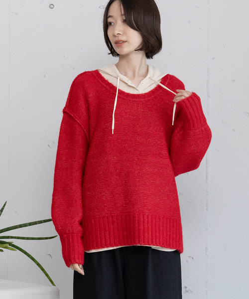 POU DOU DOU（プードゥドゥ）の「Uネックカラーニット（ニット/セーター・レディース・ネイビー/レッド/グリーン/グレー・M）」の12枚目の写真