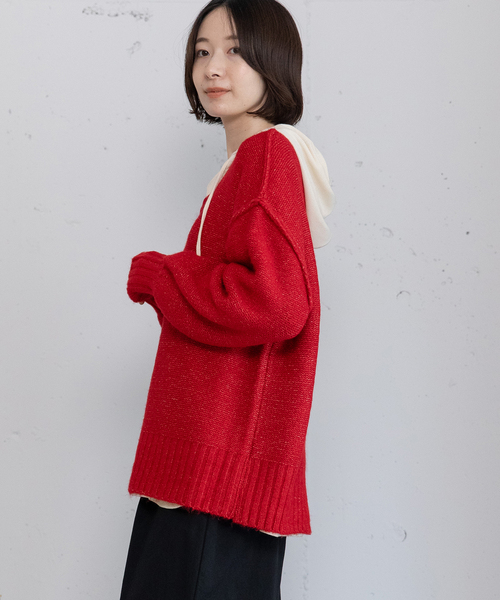 POU DOU DOU（プードゥドゥ）の「Uネックカラーニット（ニット/セーター・レディース・ネイビー/レッド/グリーン/グレー・M）」の14枚目の写真