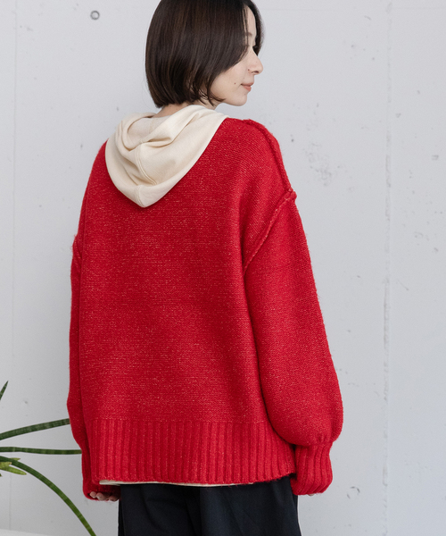 POU DOU DOU（プードゥドゥ）の「Uネックカラーニット（ニット/セーター・レディース・ネイビー/レッド/グリーン/グレー・M）」の15枚目の写真