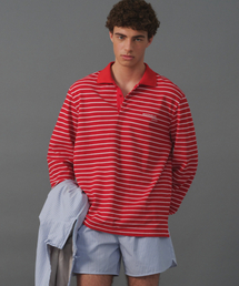 MOONSUN（ムーンサン）の「M.C UNISEX, Stripe PK Shirt / Red Pink（ポロシャツ）」