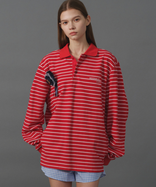 MOONSUN（ムーンサン）の「M.C UNISEX, Stripe PK Shirt / Red Pink（ポロシャツ・メンズ・その他・MEDIUM/LARGE）」の2枚目の写真