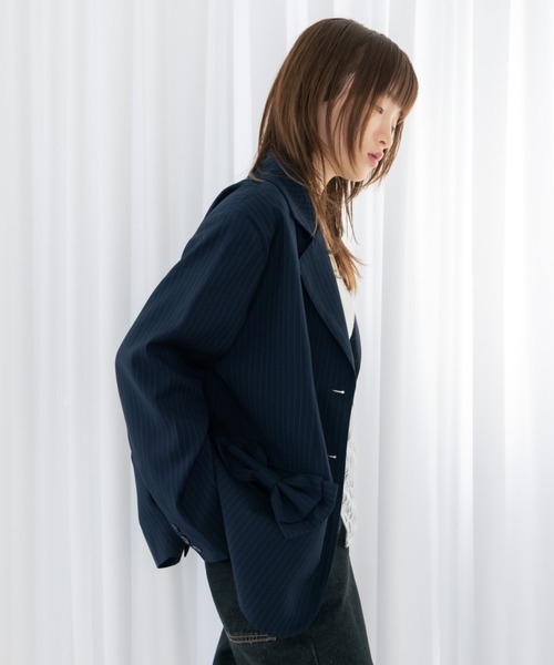 haek（ハク）の「jacket with ribbon/リボン付きジャケット（テーラードジャケット・レディース・ネイビー/ブラック・SMALL/FREE）」の10枚目の写真