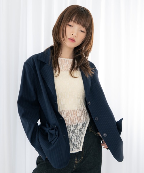 haek（ハク）の「jacket with ribbon/リボン付きジャケット（テーラードジャケット・レディース・ネイビー/ブラック・SMALL/FREE）」の6枚目の写真
