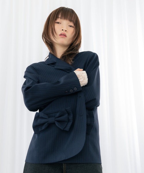 haek（ハク）の「jacket with ribbon/リボン付きジャケット（テーラードジャケット・レディース・ネイビー/ブラック・SMALL/FREE）」の7枚目の写真