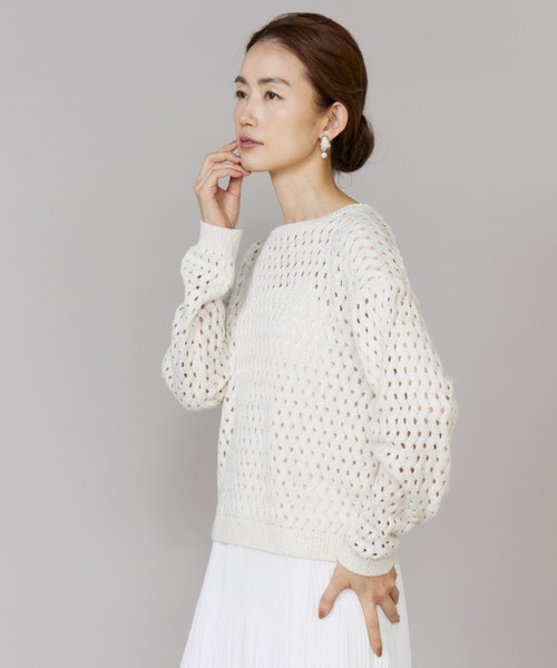 LE SOUK(ルスーク)の「透かし柄ボートネックプルオーバー(ニット/セーター・レディース・オフホワイト/グリーン・フリー)」の1枚目の写真