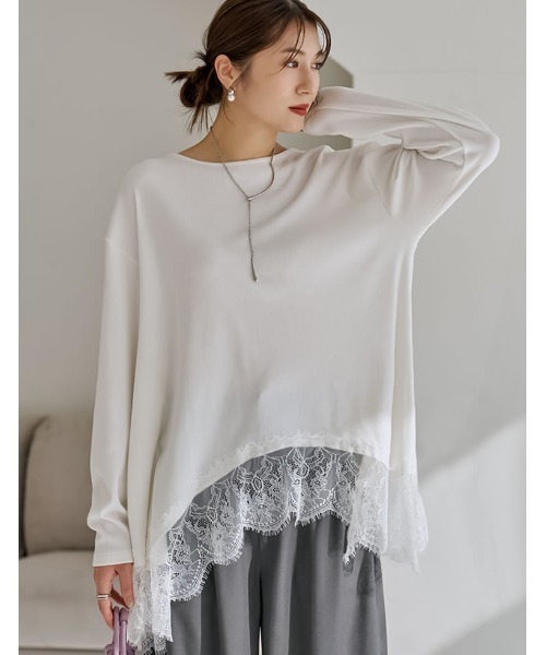 Re:EDIT（リエディ）の「[2026S/S COLLECTION]リブニットソーランダムレースヘムチュニック（Tシャツ/カットソー・レディース・オフホワイト/ブラック・MEDIUM/LARGE）」の2枚目の写真