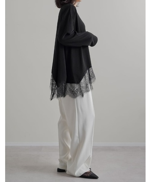 Re:EDIT（リエディ）の「[2026S/S COLLECTION]リブニットソーランダムレースヘムチュニック（Tシャツ/カットソー・レディース・オフホワイト/ブラック・MEDIUM/LARGE）」の12枚目の写真