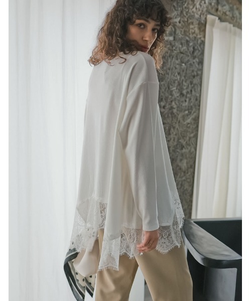 Re:EDIT（リエディ）の「[2026S/S COLLECTION]リブニットソーランダムレースヘムチュニック（Tシャツ/カットソー・レディース・オフホワイト/ブラック・MEDIUM/LARGE）」の15枚目の写真