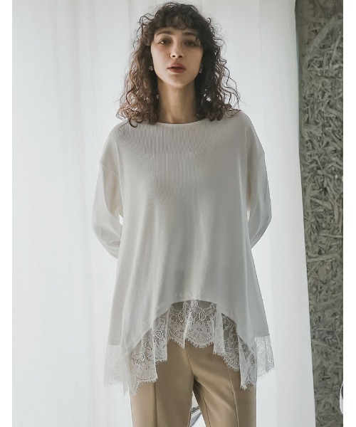 Re:EDIT（リエディ）の「[2026S/S COLLECTION]リブニットソーランダムレースヘムチュニック（Tシャツ/カットソー・レディース・オフホワイト/ブラック・MEDIUM/LARGE）」の17枚目の写真