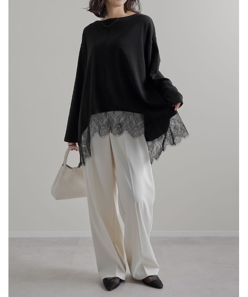 Re:EDIT（リエディ）の「[2026S/S COLLECTION]リブニットソーランダムレースヘムチュニック（Tシャツ/カットソー・レディース・オフホワイト/ブラック・MEDIUM/LARGE）」の11枚目の写真