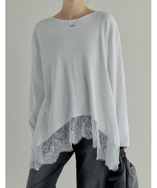 Re:EDIT（リエディ）の「[2026S/S COLLECTION]リブニットソーランダムレースヘムチュニック（Tシャツ/カットソー・レディース・オフホワイト/ブラック・MEDIUM/LARGE）」の5枚目の写真