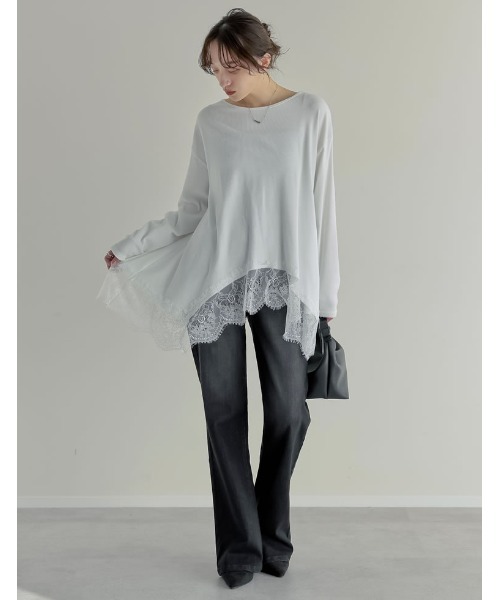 Re:EDIT（リエディ）の「[2026S/S COLLECTION]リブニットソーランダムレースヘムチュニック（Tシャツ/カットソー・レディース・オフホワイト/ブラック・MEDIUM/LARGE）」の4枚目の写真