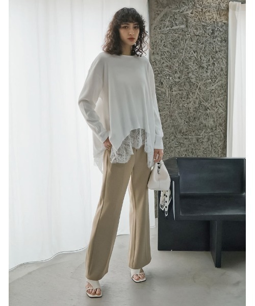 Re:EDIT（リエディ）の「[2026S/S COLLECTION]リブニットソーランダムレースヘムチュニック（Tシャツ/カットソー・レディース・オフホワイト/ブラック・MEDIUM/LARGE）」の6枚目の写真