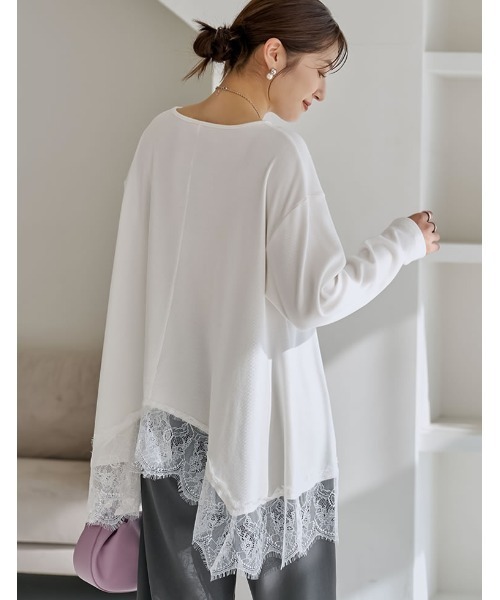 Re:EDIT（リエディ）の「[2026S/S COLLECTION]リブニットソーランダムレースヘムチュニック（Tシャツ/カットソー・レディース・オフホワイト/ブラック・MEDIUM/LARGE）」の7枚目の写真