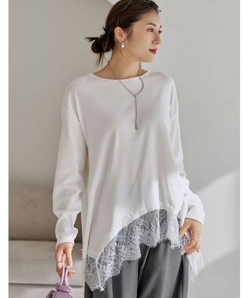 Re:EDIT（リエディ）の「[2026S/S COLLECTION]リブニットソーランダムレースヘムチュニック（Tシャツ/カットソー・レディース・オフホワイト/ブラック・MEDIUM/LARGE）」の8枚目の写真