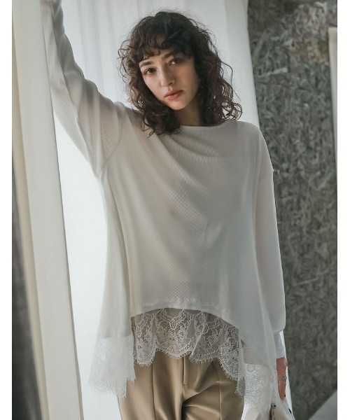Re:EDIT（リエディ）の「[2026S/S COLLECTION]リブニットソーランダムレースヘムチュニック（Tシャツ/カットソー・レディース・オフホワイト/ブラック・MEDIUM/LARGE）」の9枚目の写真
