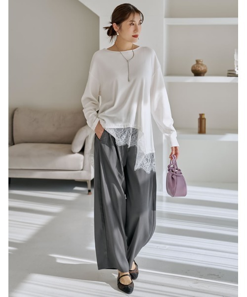Re:EDIT（リエディ）の「[2026S/S COLLECTION]リブニットソーランダムレースヘムチュニック（Tシャツ/カットソー・レディース・オフホワイト/ブラック・MEDIUM/LARGE）」の10枚目の写真