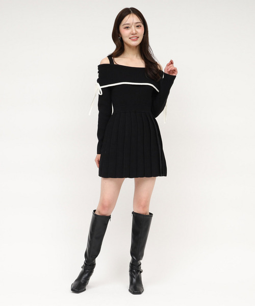 ROYAL PARTY(ロイヤルパーティー)の「オフショル配色プリーツニットミニワンピース(ワンピース・レディース・オフホワイト/グレー/ブラック・FREE)」の11枚目の写真