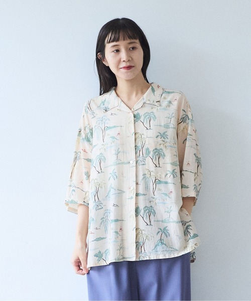 yuni(ユニ )の「△Island print open collar shirt(シャツ/ブラウス・レディース・ベージュ/ピンク・FREE)」の7枚目の写真
