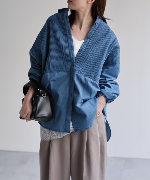 【India Fabric】ピンタック切り替えシャツ/インド綿/インドコットン/冷房対策
