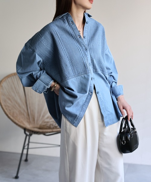 pot and tea　インド綿　ピンタックギャザーブラウス　長袖　ライトブルー セール】【India Fabric】ピンタック切り替えシャツ/インド綿/インド