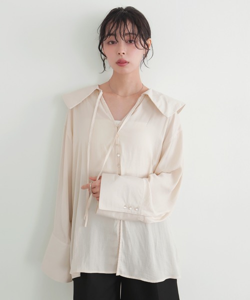 LIAN（リアン）の「ビッグカラーシアースキッパーブラウス（シャツ/ブラウス・レディース・ブラック/ベージュ/ブルー/オフホワイト・FREE）」の16枚目の写真