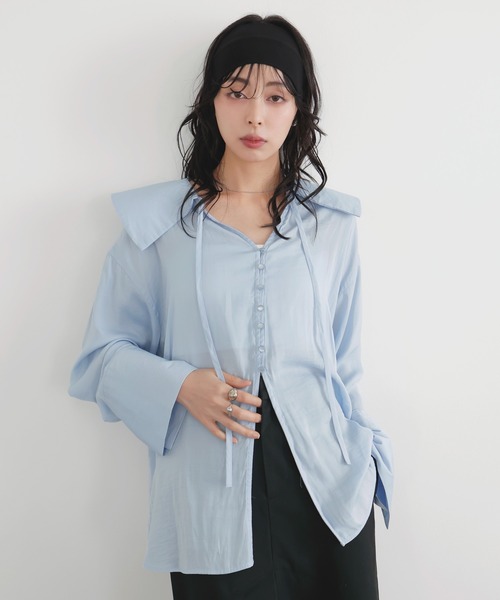 LIAN（リアン）の「ビッグカラーシアースキッパーブラウス（シャツ/ブラウス・レディース・ブラック/ベージュ/ブルー/オフホワイト・FREE）」の7枚目の写真