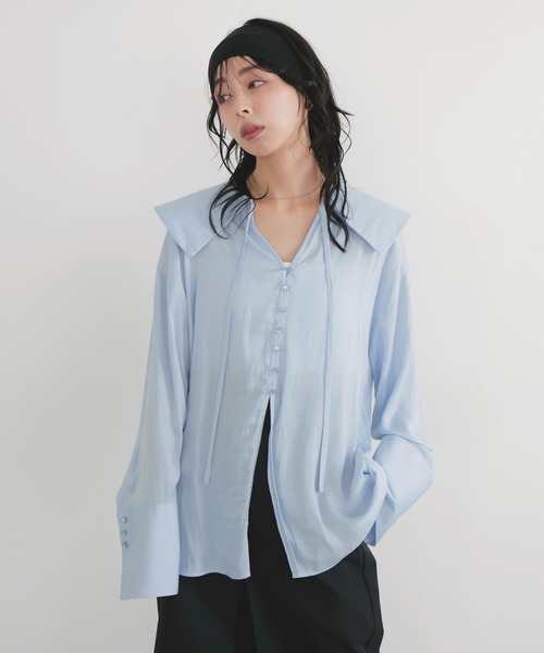 LIAN（リアン）の「ビッグカラーシアースキッパーブラウス（シャツ/ブラウス・レディース・ブラック/ベージュ/ブルー/オフホワイト・FREE）」の8枚目の写真