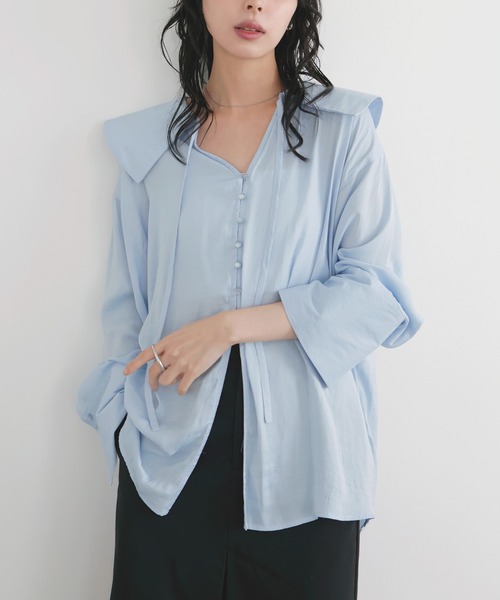 LIAN（リアン）の「ビッグカラーシアースキッパーブラウス（シャツ/ブラウス・レディース・ブラック/ベージュ/ブルー/オフホワイト・FREE）」の9枚目の写真