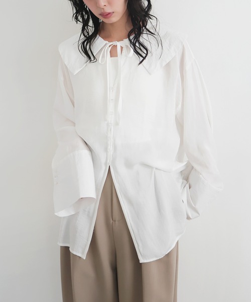 LIAN（リアン）の「ビッグカラーシアースキッパーブラウス（シャツ/ブラウス・レディース・ブラック/ベージュ/ブルー/オフホワイト・FREE）」の11枚目の写真