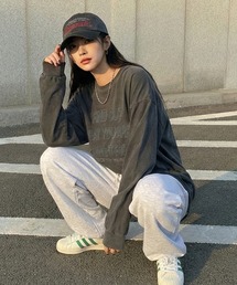 韓国ファッション FINDピグメント加工英字プリント長袖Tシャツ
