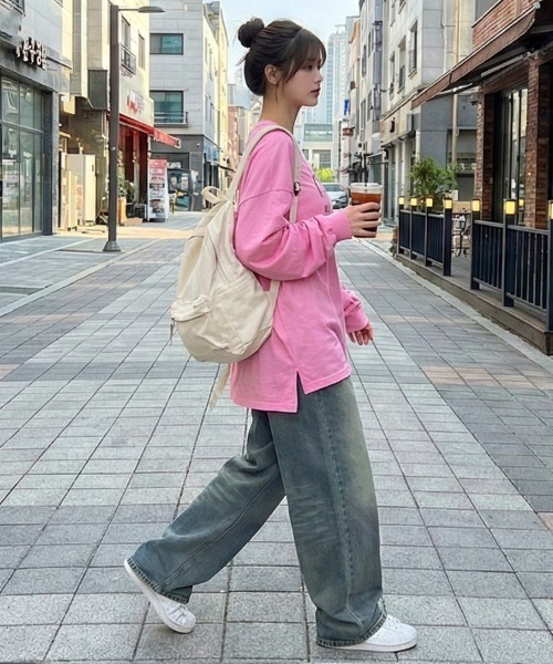 Dalfwin(ダールフィン)の「韓国ファッション FINDピグメント加工英字プリント長袖Tシャツ(Tシャツ/カットソー・レディース・チャコールグレー/ピンク・FREE)」の15枚目の写真