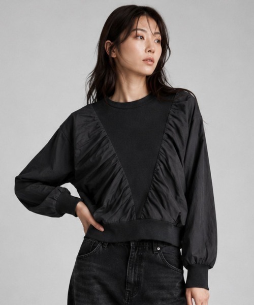 Human 2nd Occasion(ヒューマンセカンドオケージョン)の「異素材ドッキングギャザープルオーバー(Tシャツ/カットソー・レディース・ベージュ系その他/ブラック・FREE)」の2枚目の写真
