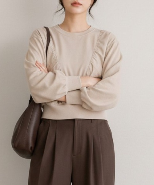 Human 2nd Occasion(ヒューマンセカンドオケージョン)の「異素材ドッキングギャザープルオーバー(Tシャツ/カットソー・レディース・ベージュ系その他/ブラック・FREE)」の11枚目の写真