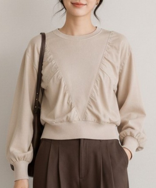 Human 2nd Occasion(ヒューマンセカンドオケージョン)の「異素材ドッキングギャザープルオーバー(Tシャツ/カットソー・レディース・ベージュ系その他/ブラック・FREE)」の10枚目の写真