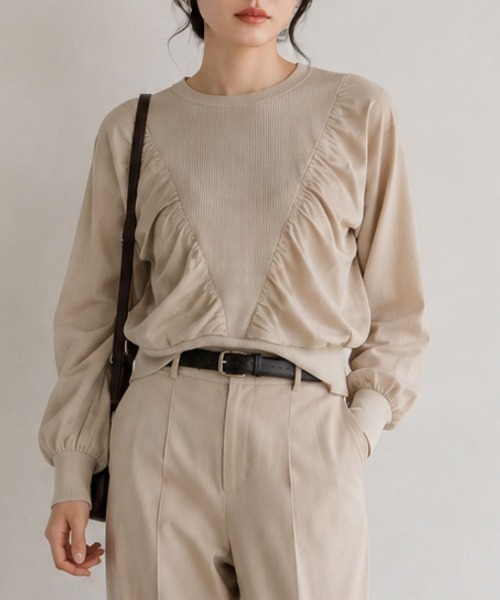 Human 2nd Occasion(ヒューマンセカンドオケージョン)の「異素材ドッキングギャザープルオーバー(Tシャツ/カットソー・レディース・ベージュ系その他/ブラック・FREE)」の12枚目の写真