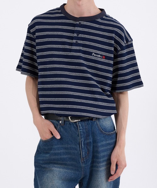 セール】WAFFLE BORDER HENLEY NECK T-SHIRT／ワッフルボーダー