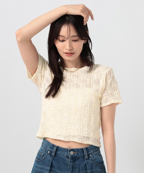BAYFLOW（ベイフロー）の「[ストレッチ入り]カットレースショートスリーブT（Tシャツ/カットソー・レディース・ブラック/オフホワイト・FREE）」の5枚目の写真