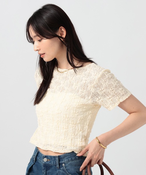 BAYFLOW（ベイフロー）の「[ストレッチ入り]カットレースショートスリーブT（Tシャツ/カットソー・レディース・ブラック/オフホワイト・FREE）」の6枚目の写真