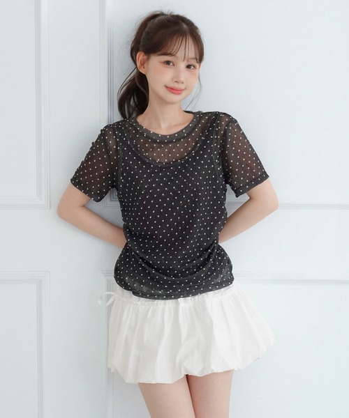 by muni:r（バイ ムニール）の「シアードットシャーリングレイヤード半袖Tシャツ（Tシャツ/カットソー・レディース・グレー/ブラウン/ブラック・FREE）」の5枚目の写真