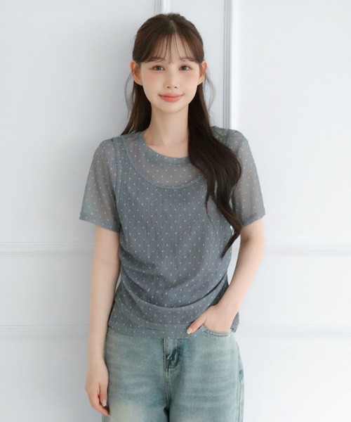 by muni:r（バイ ムニール）の「シアードットシャーリングレイヤード半袖Tシャツ（Tシャツ/カットソー・レディース・グレー/ブラウン/ブラック・FREE）」の15枚目の写真