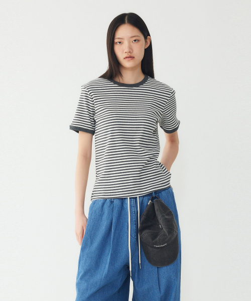 STUDIO TOMBOY(スタジオトムボーイ)の「ストライプリンガー半袖Tシャツ_グレー 9176222984(Tシャツ/カットソー・レディース・グレー・OS)」の1枚目の写真