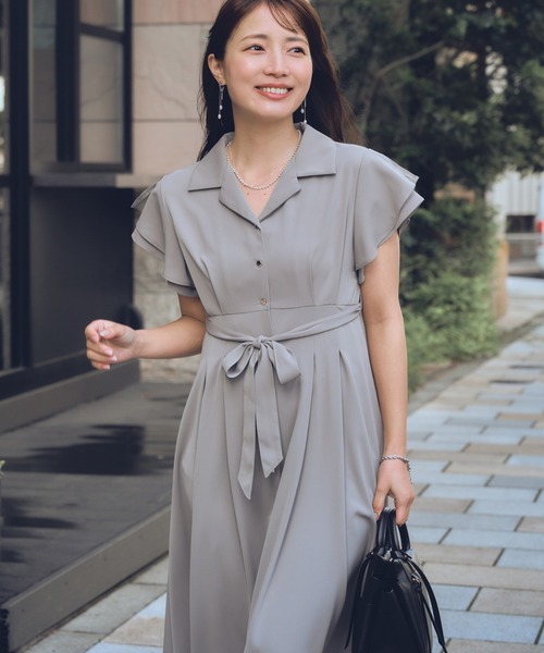 COHINA(コヒナ)の「オープンカラーとろみワンピース 【低身長・小柄女性】(シャツワンピース・レディース・ネイビー/グレイッシュベージュ・SHORT/REGULAR)」の1枚目の写真