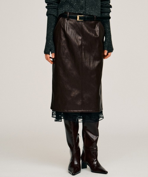 PRANK PROJECT(プランクプロジェクト)の「【2026Autumn Pre-Order】レイヤードヘムシンセティックレザースカート / Layered Hem Synthetic Leather Skirt(スカート・レディース・ブラック/ボルドー・38/36)」の2枚目の写真