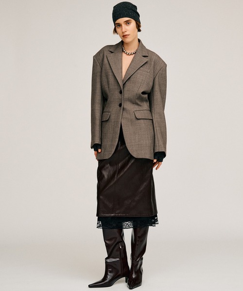 PRANK PROJECT(プランクプロジェクト)の「【2026Autumn Pre-Order】レイヤードヘムシンセティックレザースカート / Layered Hem Synthetic Leather Skirt(スカート・レディース・ブラック/ボルドー・38/36)」の4枚目の写真