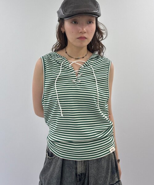 w closet（ダブルクローゼット）の「ボーダーノースリフーディー（その他トップス・レディース・オフホワイト/ネイビー/グリーン・FREE）」の17枚目の写真