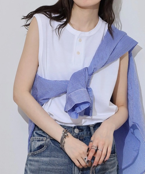 JEMORGAN(ジェーイーモーガン)の「T/Cカノコ ノースリーブヘンリー(Tシャツ/カットソー・レディース・アイボリー/ブラック系その他/ホワイト/ブラック/チャコール/グレー系その他/ネイビー・FREE)」の1枚目の写真