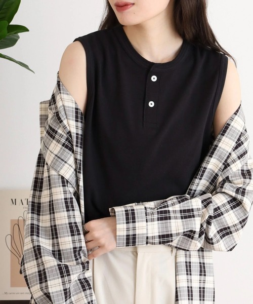 JEMORGAN(ジェーイーモーガン)の「T/Cカノコ ノースリーブヘンリー(Tシャツ/カットソー・レディース・アイボリー/ブラック系その他/ホワイト/ブラック/チャコール/グレー系その他/ネイビー・FREE)」の3枚目の写真