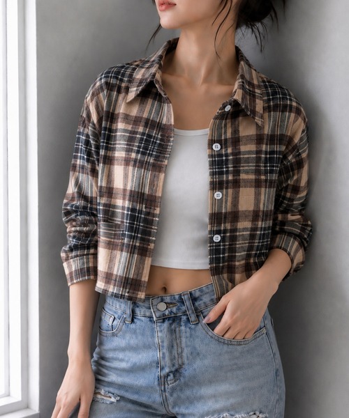 meJane(ミージェーン)の「マドラスチェック クロップド丈ネルシャツ(シャツ/ブラウス・レディース・ブラウン系/ネイビー系・FREE)」の3枚目の写真